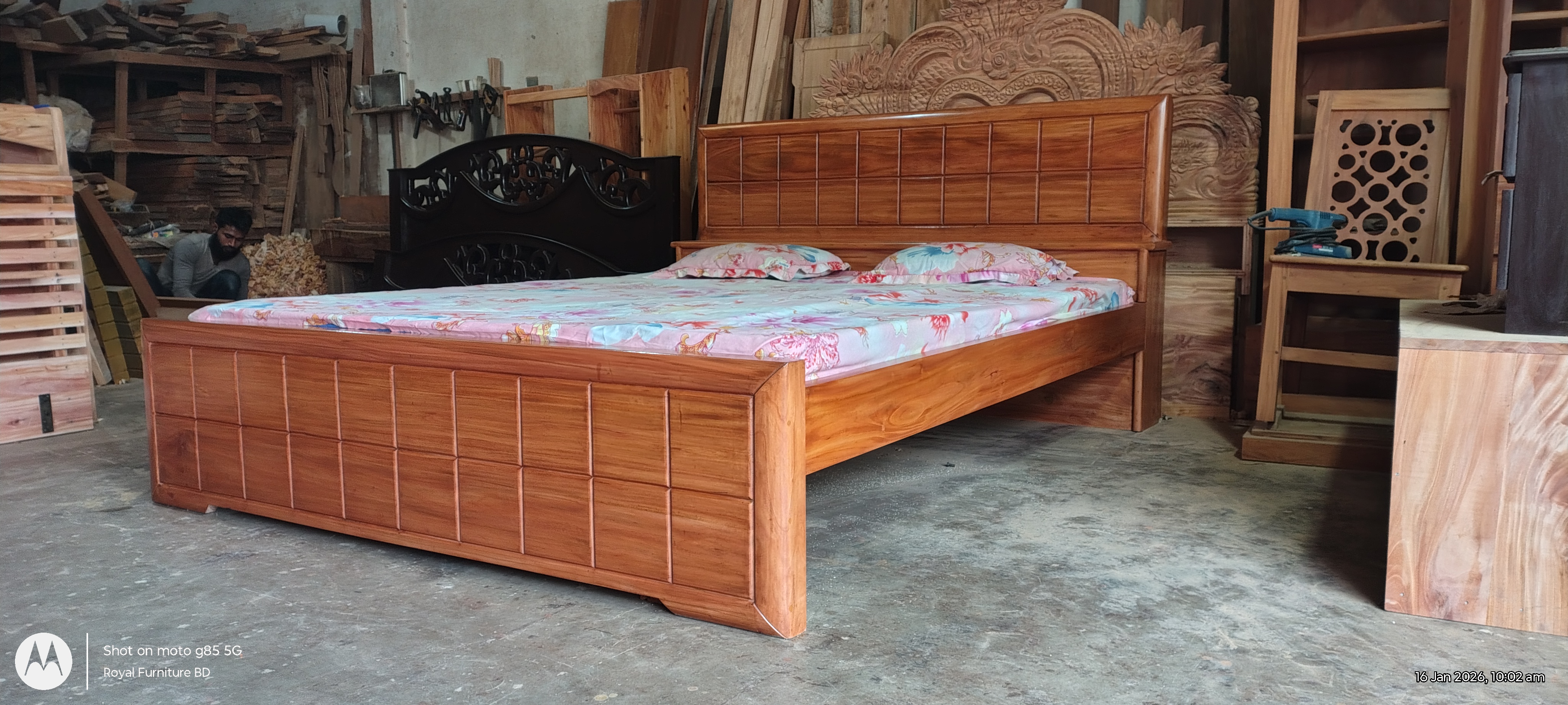 Solid Wooden Semi Box Bed with Head Box | মোবাইল স্পেসসহ কাঠের সেমি বক্স খাট | WCF-Code-BD-611-1_img_0