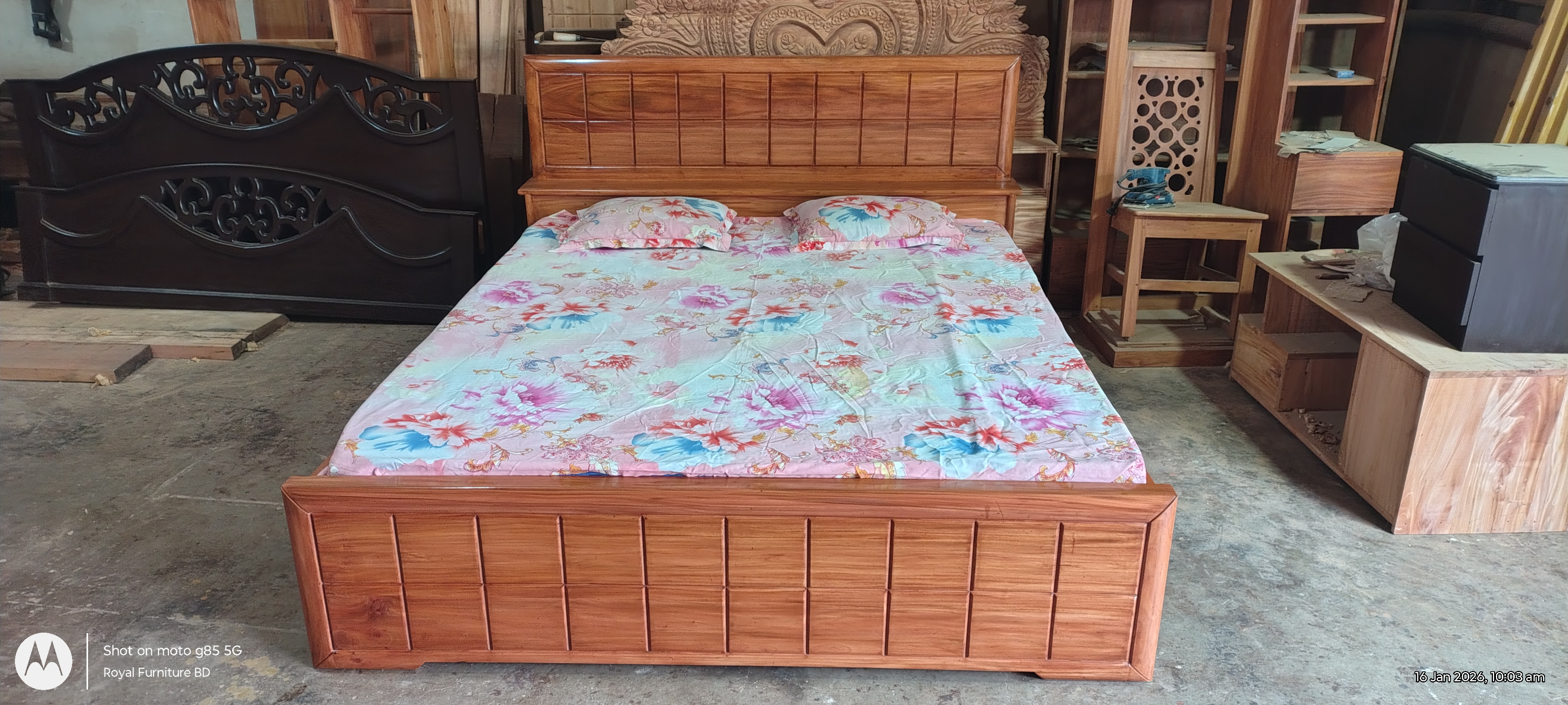 Solid Wooden Semi Box Bed with Head Box | মোবাইল স্পেসসহ কাঠের সেমি বক্স খাট | WCF-Code-BD-611-1_img_1
