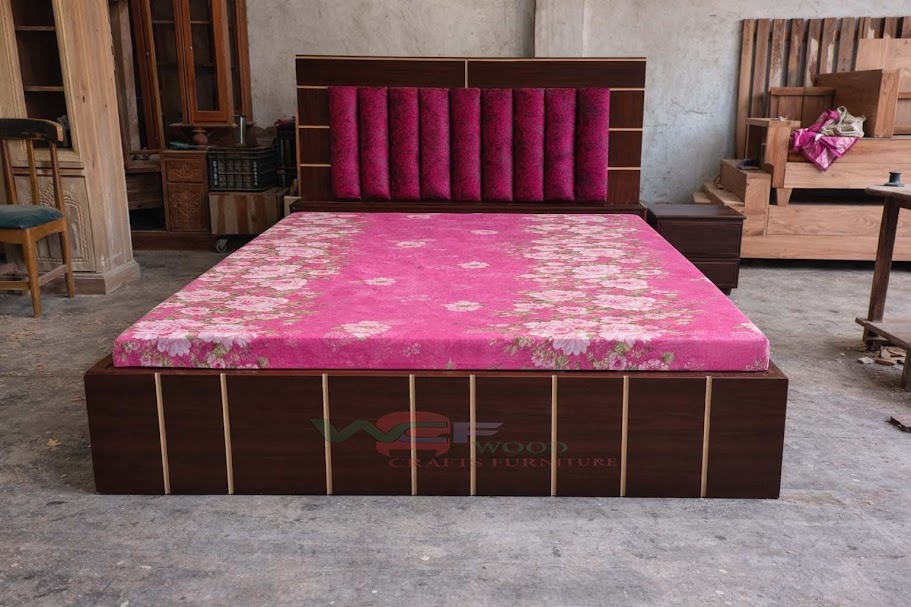 Solid Mahogany Semi Box Bed with Cushion Headboard | WCF-Code-BD-595_img_0