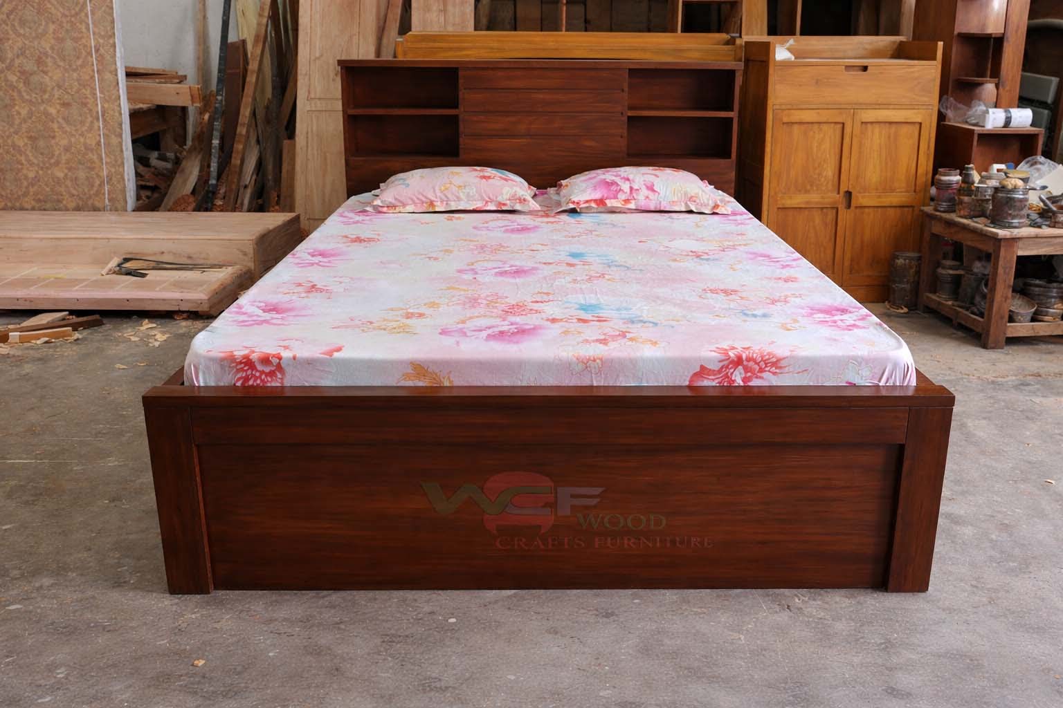 Full Box Mahogany Wooden Bed with Storage Headboard – WCF-CODE-BD-705_img_0