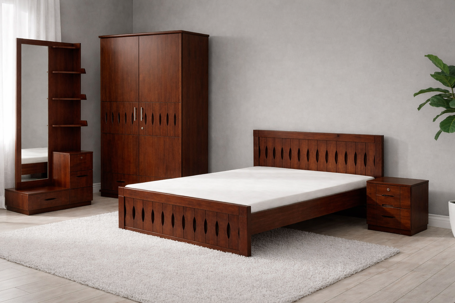 Wooden Bedroom Set | Bed + 2 Door Wardrobe + Dressing Table + Side Table | WCF-Code-BD-S-611