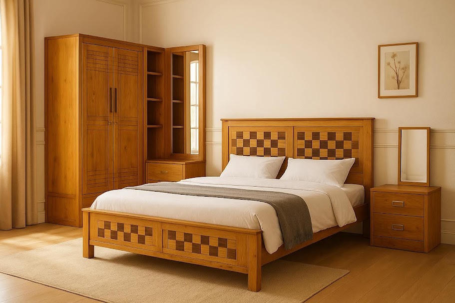 Complete Wooden Bedroom Set | Bed Wardrobe Dressing Table Side Table | WCF-Code-BD-S-613