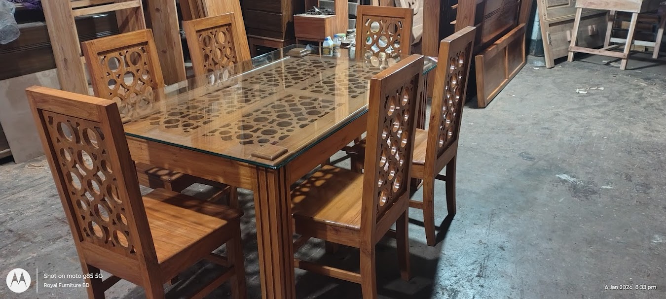 Carved Glass Top Wooden Dining Table Set with 6 Chairs | Solid Wood Dining Table Bangladesh | WCF-Code-DIT-529_img_3