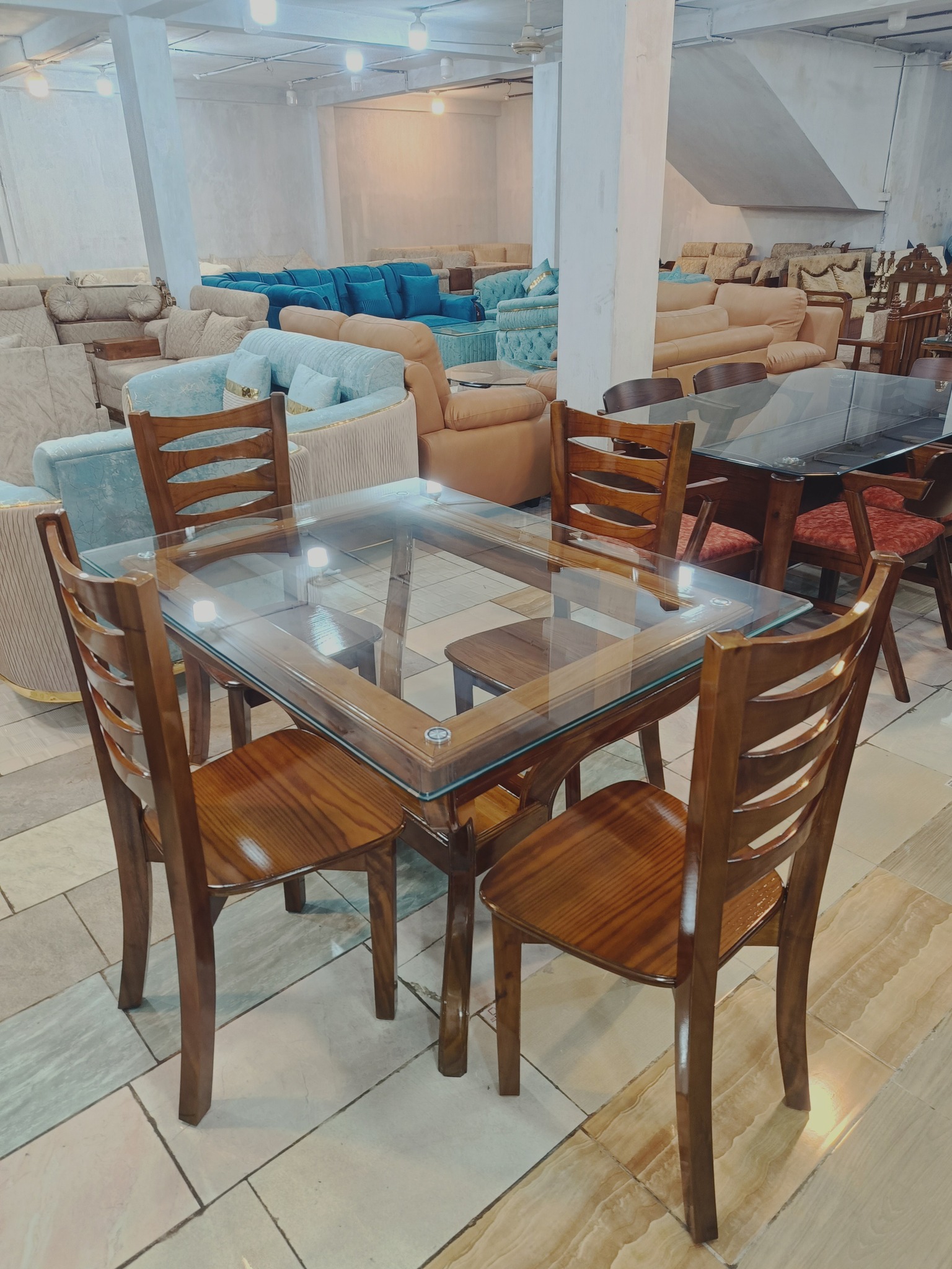 Glass Top Wooden Dining Table Set with 4 Chairs | Solid Wood Dining Table Bangladesh | WCF-Code-DIT-530