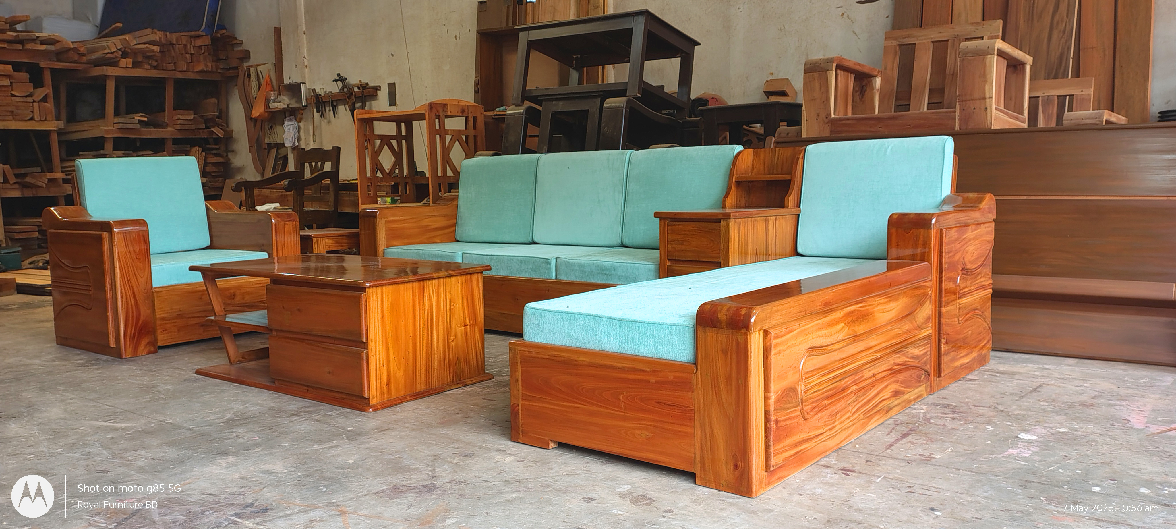 Modern Wooden Sofa Set with Center Table & Side Drawer | Premium Solid Wood Furniture BD | WCF-Code-SF-503_img_0