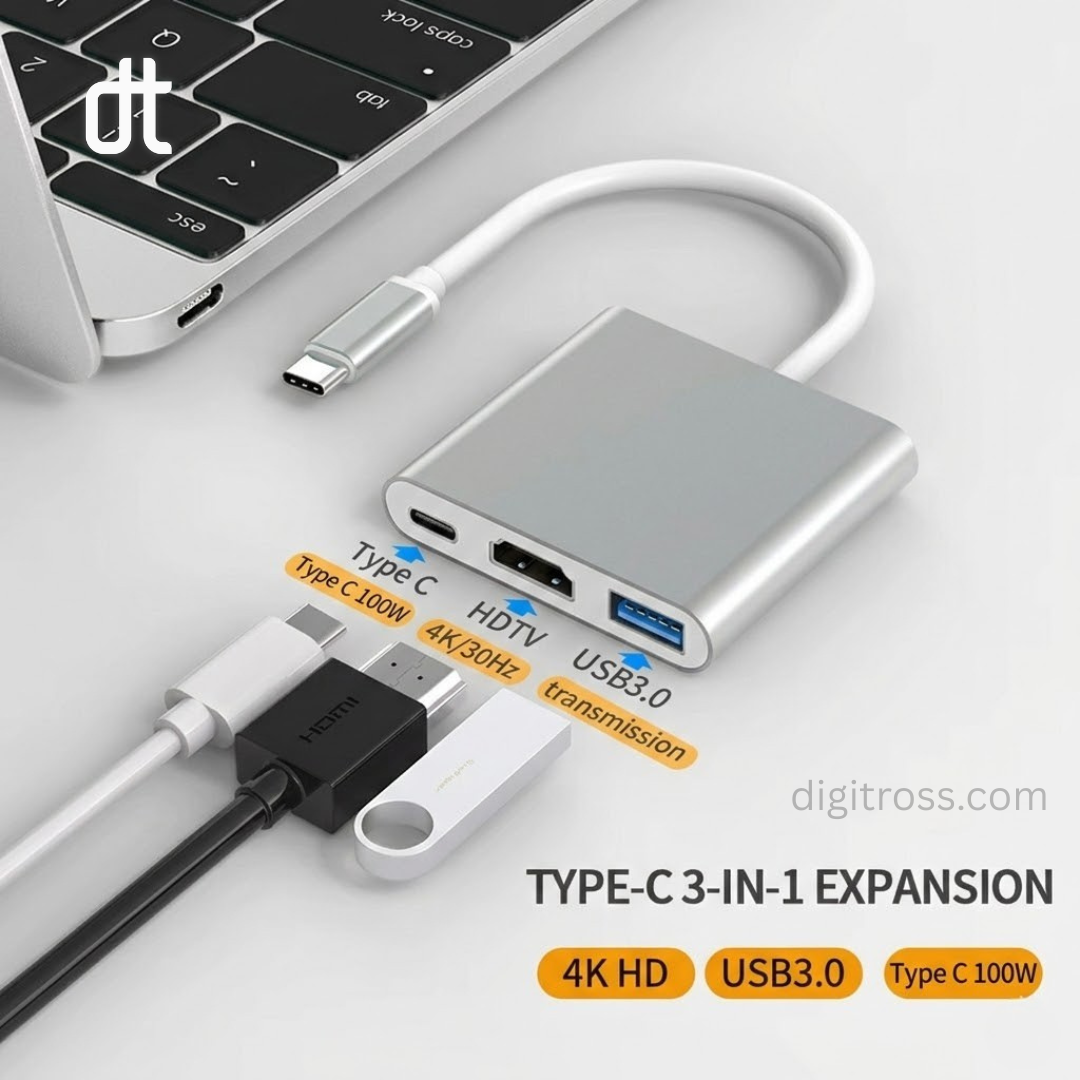 3 in 1 USB-C Hub Adapter with 4K HDMI & USB 3.0 Ports – Type-C to HDMI Multiport Converter for Laptop, MacBook, Tablet & Android