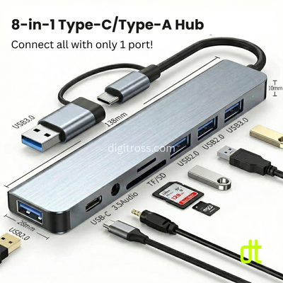 USB A/C 8 in 1 Hub with 4x USB A, 1x USB C, 3.5mm Audio, SD/TF Card Reader for Windows Desktop, Laptop, Macbook & Android_img_3