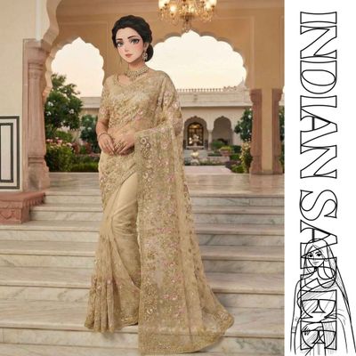 Indian Champagne Gold Embroidered Georgette Saree – Wedding & Party Wear Bridal Saree for Women in Bangladesh_img_2