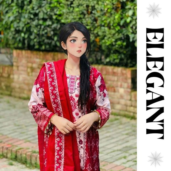 Maroon Red Digital Printed Lawn 3-Piece