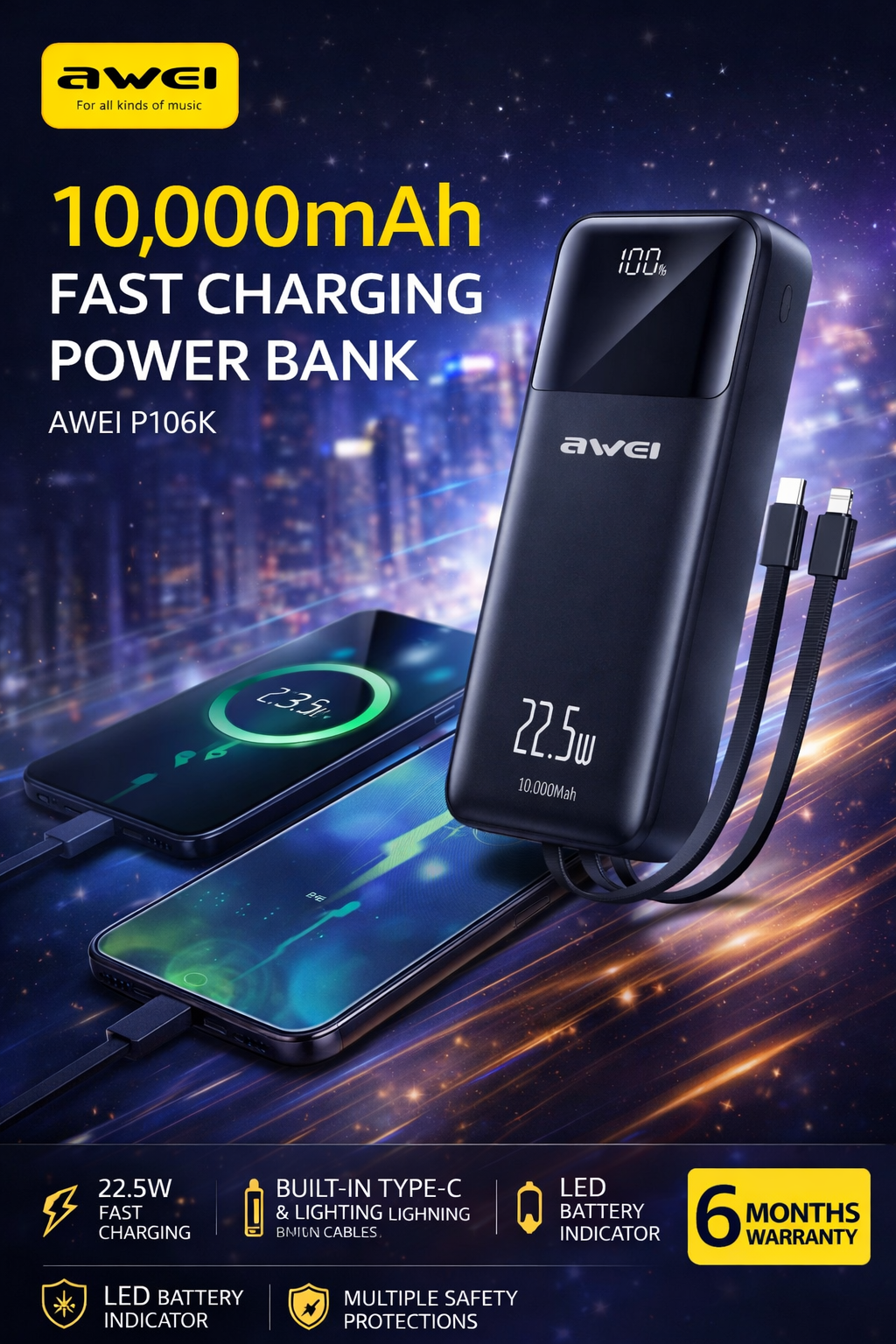 Awei P106K 10000mAh Fast Charging Power Bank with LED Display