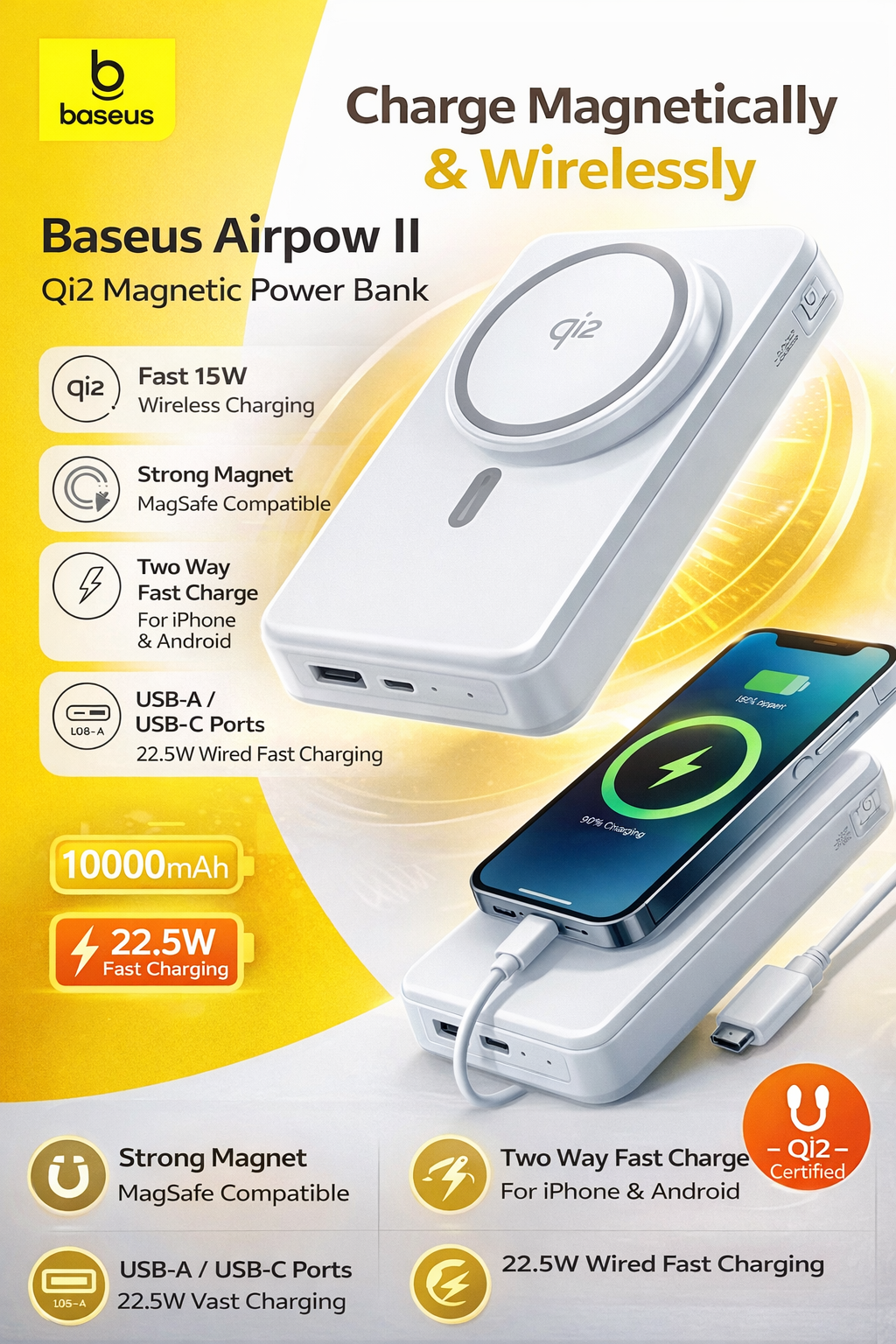 Baseus Airpow Ⅱ Qi2 10000mAh MagSafe Power Bank, 15W Wireless Charger, 22.5W USB-A + 20W USB-C PD