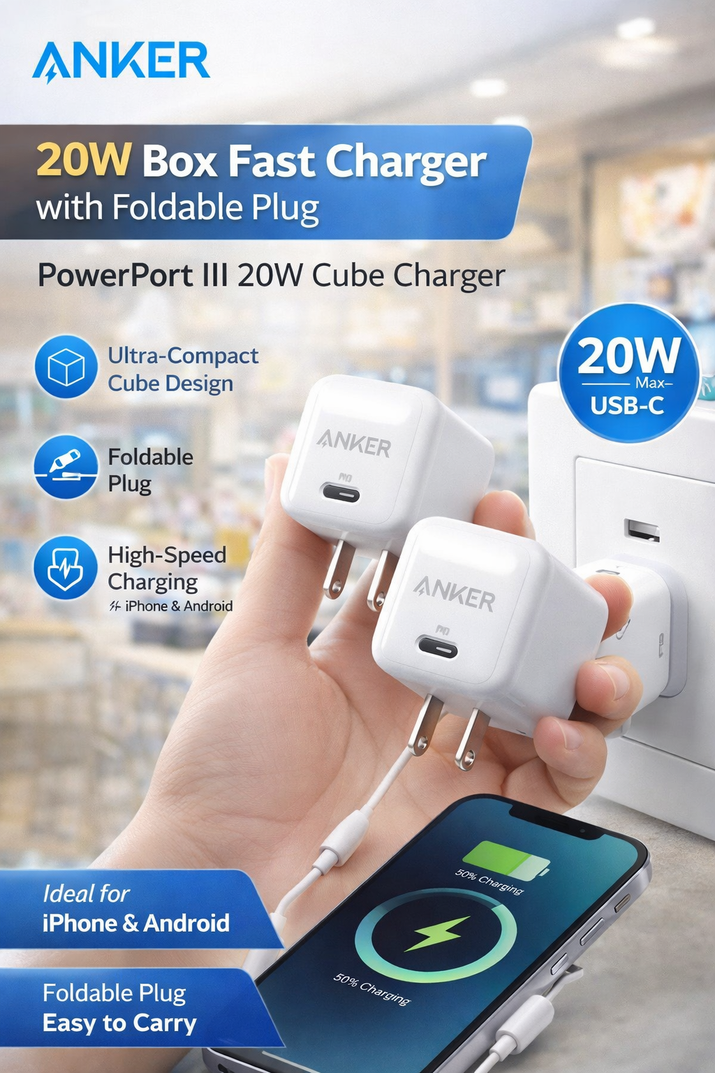 Anker 20W Box Fast Charger with Foldable Plug, PowerPort III 20W Cube Charger