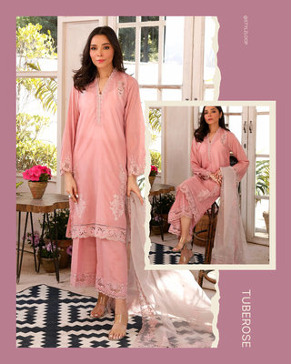 3 Piece Ready to wear Raw Silk Embroidered | Lakhany-Pink (Imported form Pakistan)