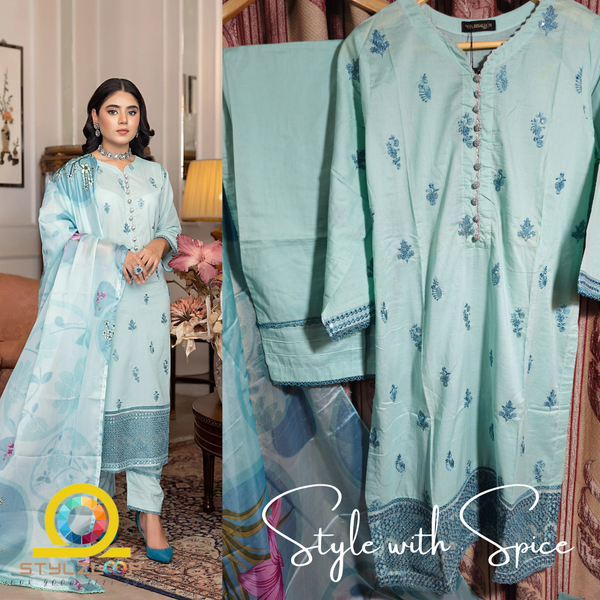 3 Piece Stitched Elegant Lawn Pret Embroidered| Regalia-Blue (Imported from Pakistan) - Image 2