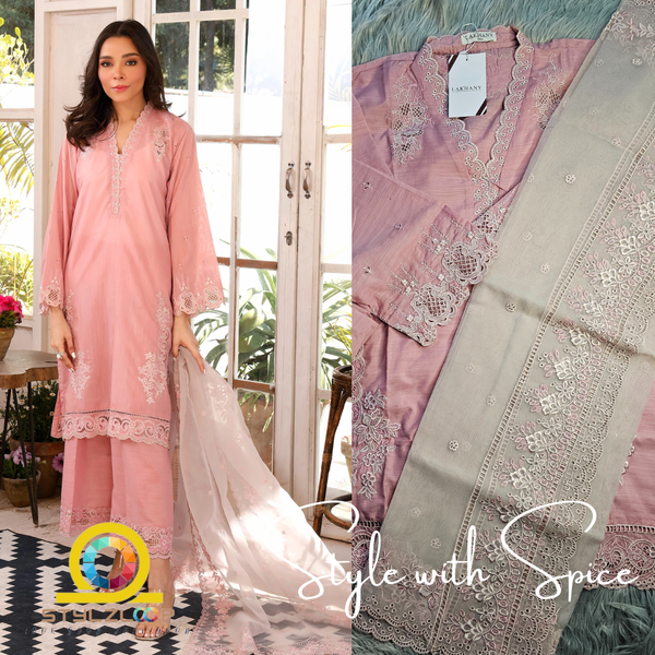 3 Piece Ready to wear Raw Silk Embroidered | Lakhany-Pink (Imported form Pakistan) - Image 3