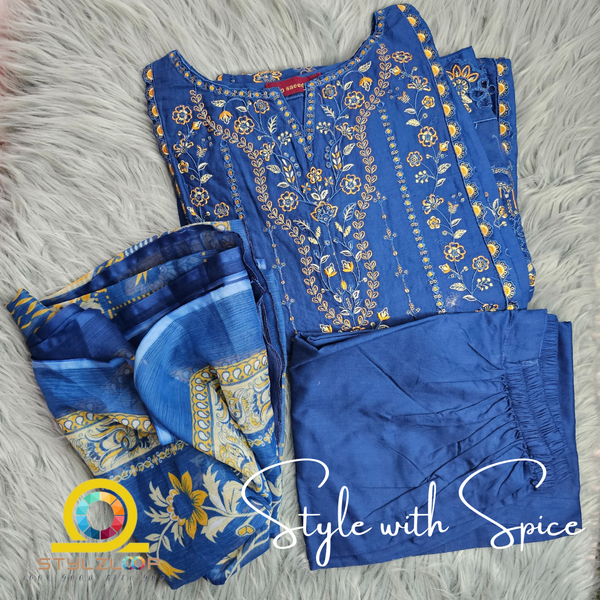 3 pc Bin Saeed Ready Made Heavy Embroidered Cotton Dress | Blue - Image 2