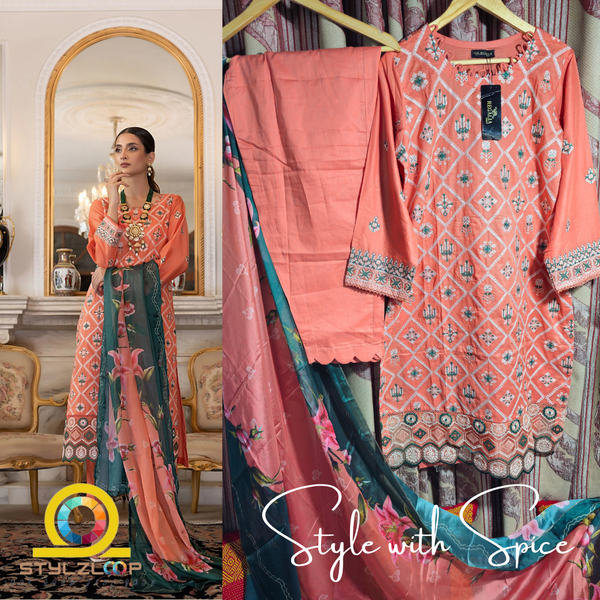 3 Piece BAHAR Stitched Elegant Lawn Collection | Regalia- ORANGE (Imported from Pakistan) - Image 2