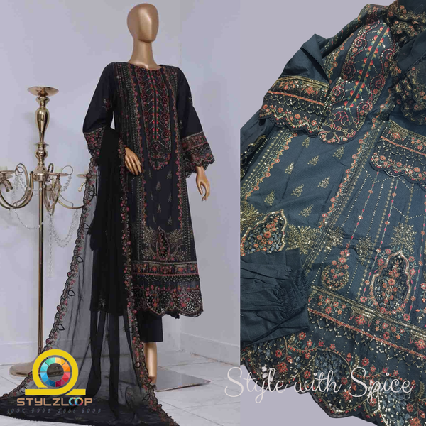 3 Piece Stitched Luxury Self Embroidered Frock Elegant Lawn Collection | Bin Saeed-Black Frock (Imported from Pakistan) - Image 2