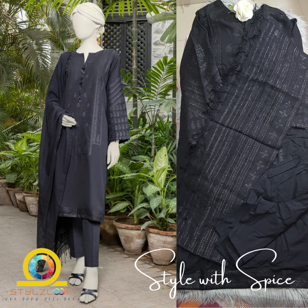BLACK JACQUARD WOVEN UNSTITCHED 3PC | JLawn - Image 3