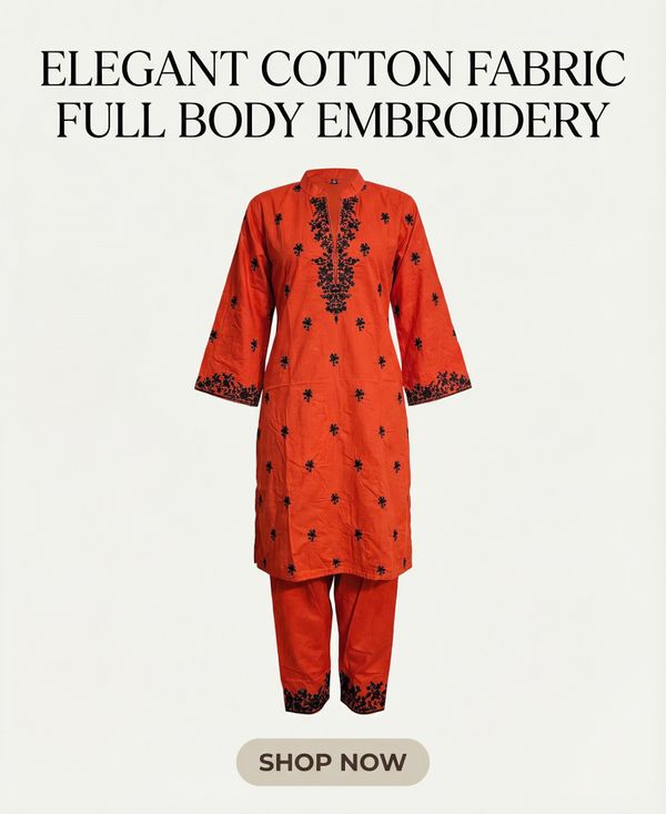 2 Piece Ready to wear Full Body Embroidered Cotton Shirt & Trouser | Orange - Image 3