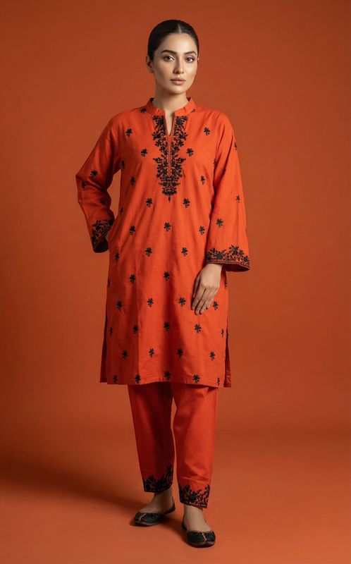 2 Piece Ready to wear Full Body Embroidered Cotton Shirt & Trouser | Orange - Image 2