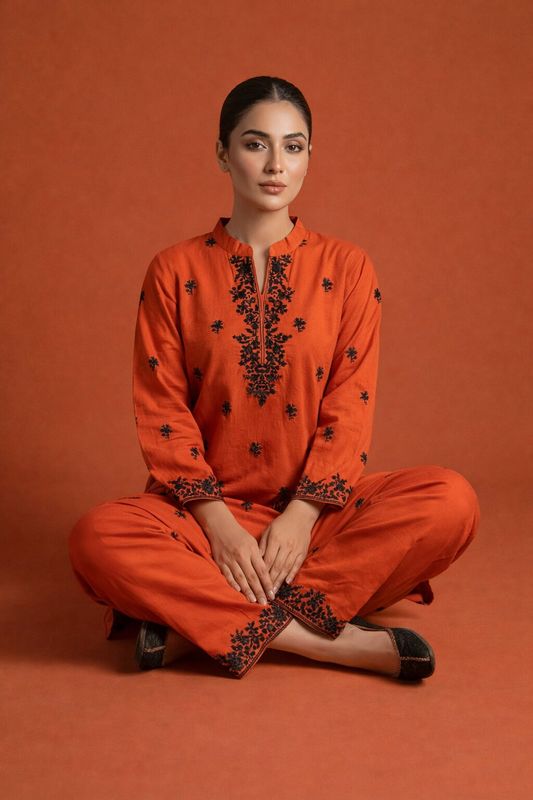 2 Piece Ready to wear Full Body Embroidered Cotton Shirt & Trouser | Orange - Image 1
