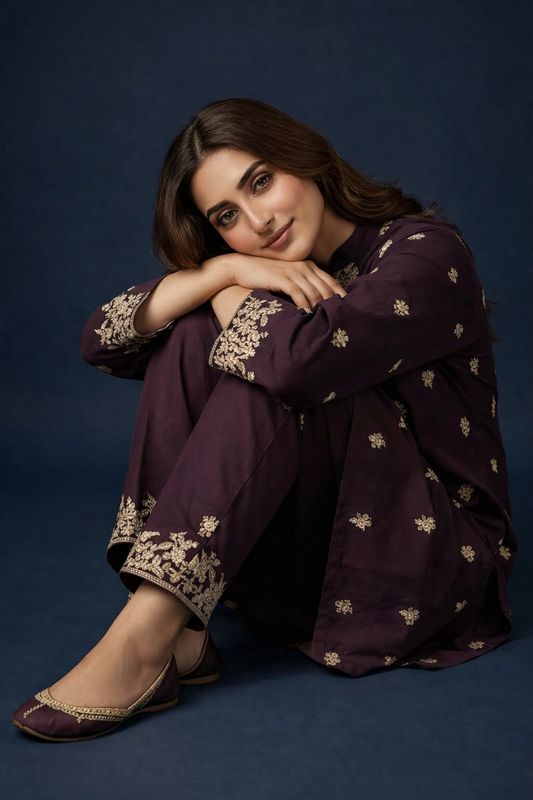 2 Piece Ready to wear Full Body Embroidered Cotton- Coffee color - Image 1