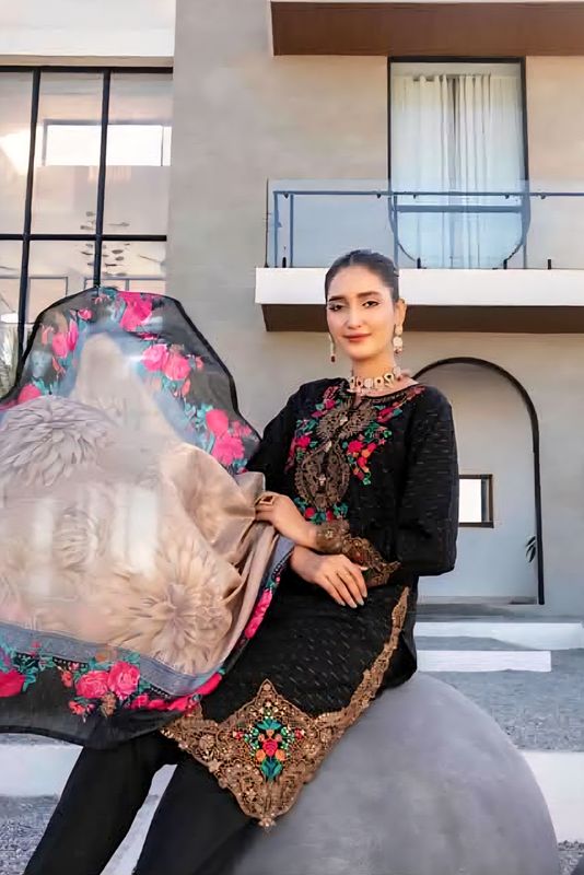 3 piece Luxurious-Embroidered Collection by Tawakkal - Black - Image 1