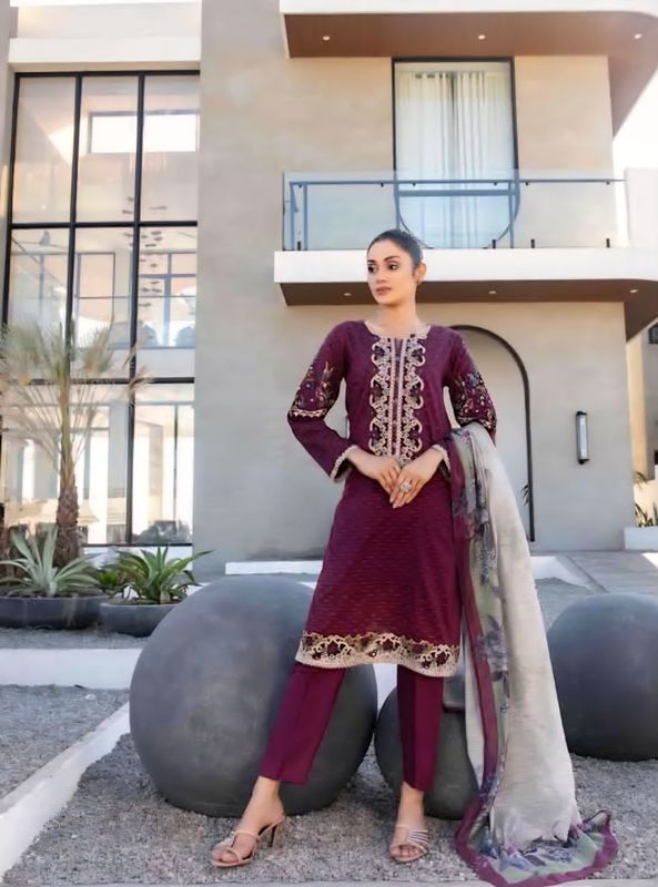 3 piece Luxurious-Embroidered Collection by Tawakkal - Purple - Image 1