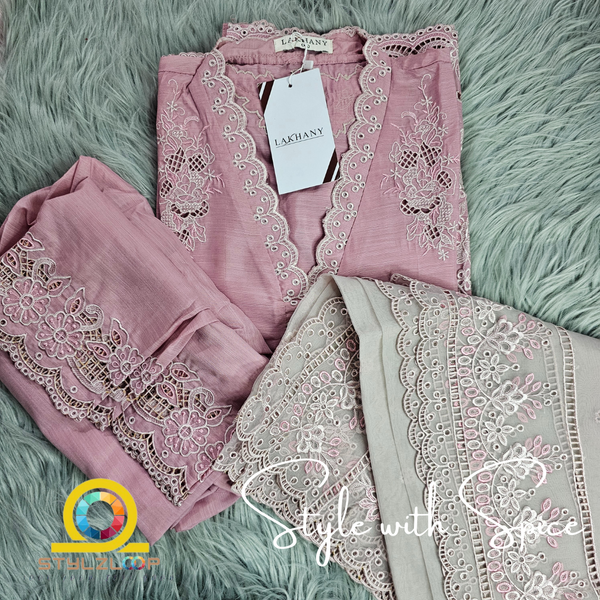 3 Piece Ready to wear Raw Silk Embroidered | Lakhany-Pink (Imported form Pakistan) - Image 4