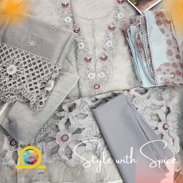 Azure Gray Organza Dress Party Wear Collection 3pc Unstitched - Image 2