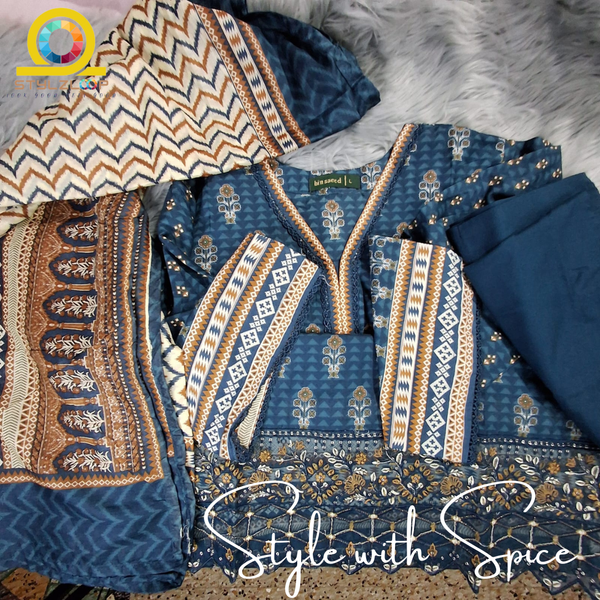 3 PC printed stitched suits with daman organza cutwork | Bin Saeed Pakistan - Image 2