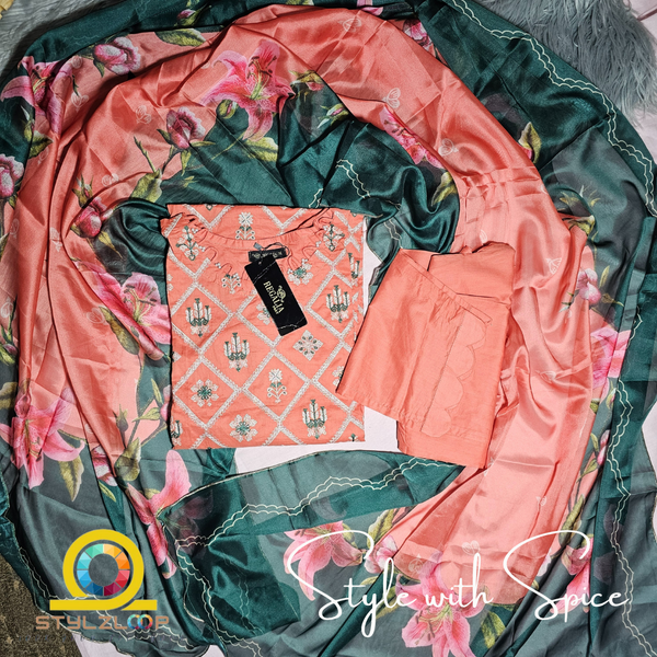 3 Piece BAHAR Stitched Elegant Lawn Collection | Regalia- ORANGE (Imported from Pakistan) - Image 4