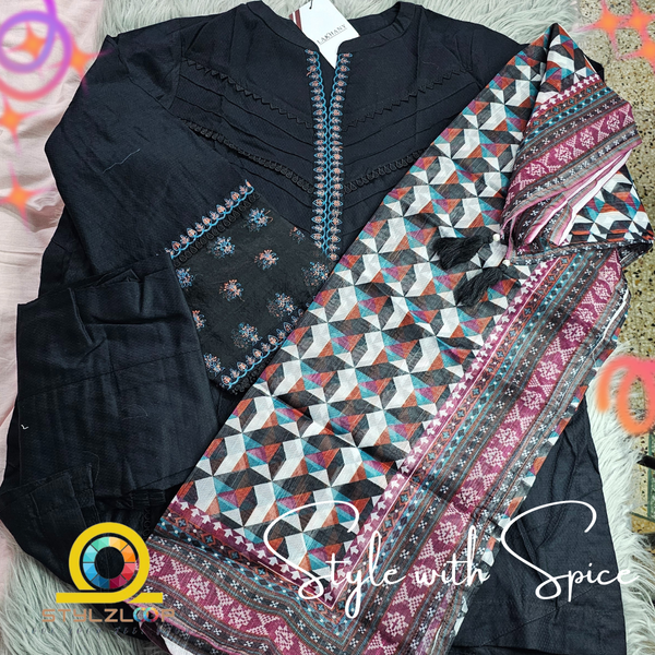 03 Piece Ready to wear dyed Embroidered with printed dupatta | Lakhany-Black (Imported from Pakistan) - Image 2