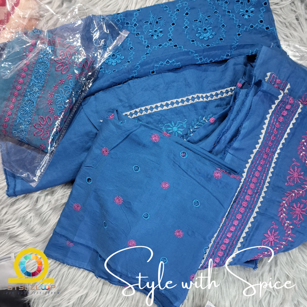 3 Piece Unstitched Embroidered Lawn | Lakhany-Blue - Image 4