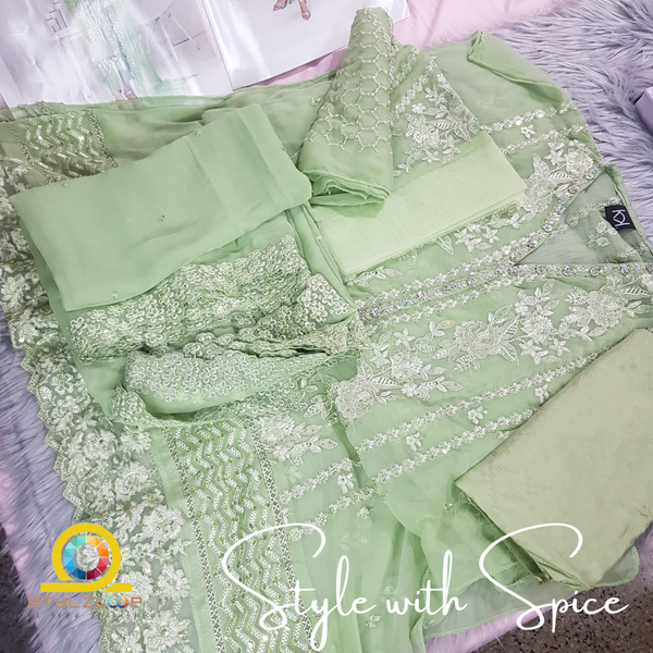 Cala Embroidered Chiffon By Tawakkal Semi-stitched- Green - Image 2