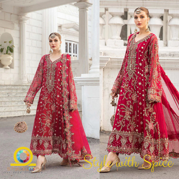 4 pc Maria B Chiffon Pakistani Suit Un-stitched | Red Full body Embrodery - Image 3