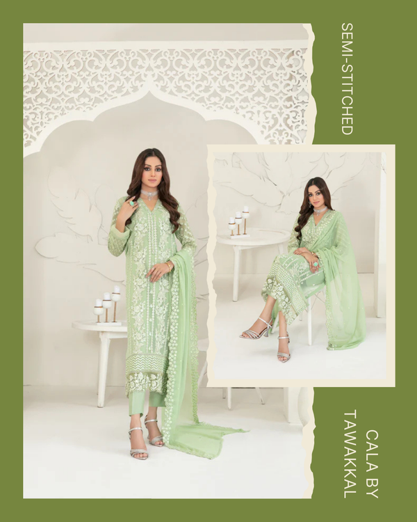 Cala Embroidered Chiffon By Tawakkal Semi-stitched- Green - Image 1