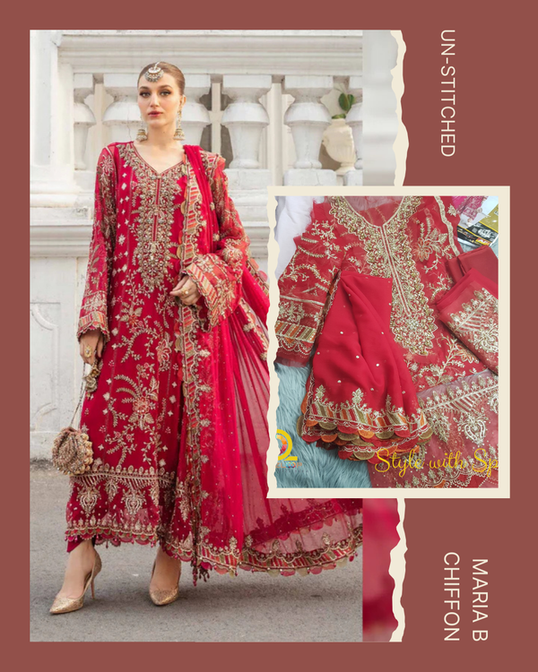 4 pc Maria B Chiffon Pakistani Suit Un-stitched | Red Full body Embrodery - Image 1
