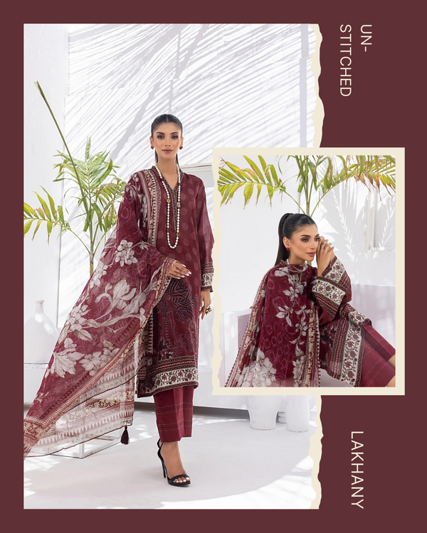 3 Piece Unstitched Komal Prints With Printed Chiffon Dupatta | Lakhany Maroon - Image 1
