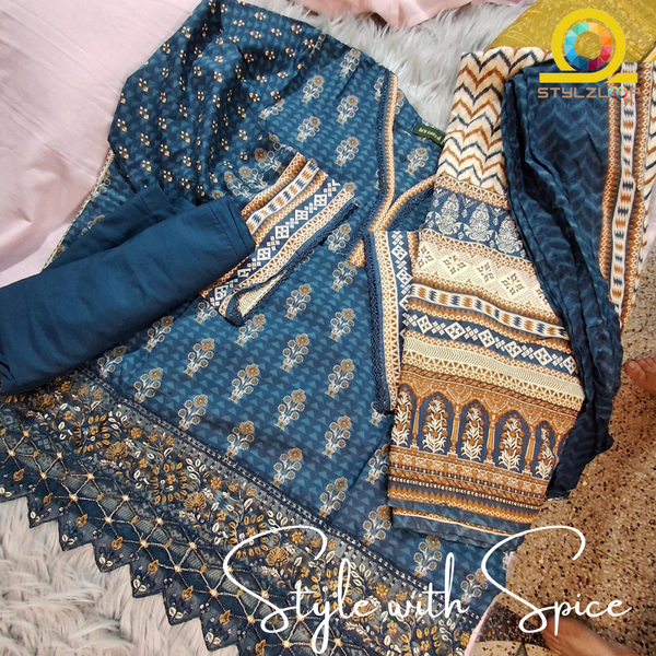3 PC printed stitched suits with daman organza cutwork | Bin Saeed Pakistan - Image 4