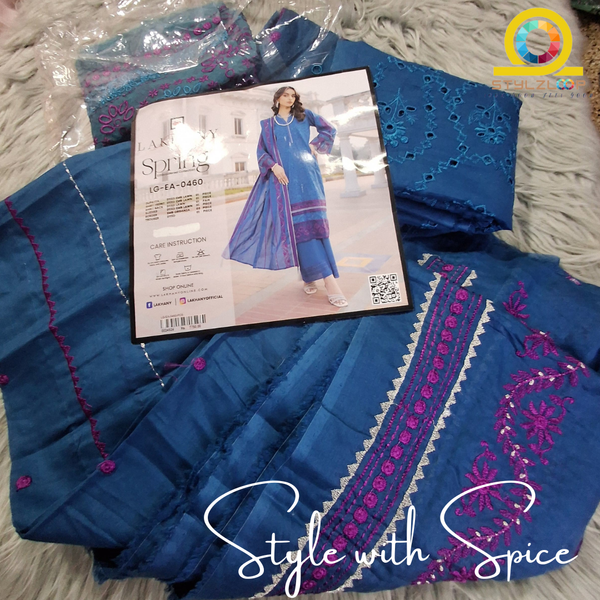 3 Piece Unstitched Embroidered Lawn | Lakhany-Blue - Image 2