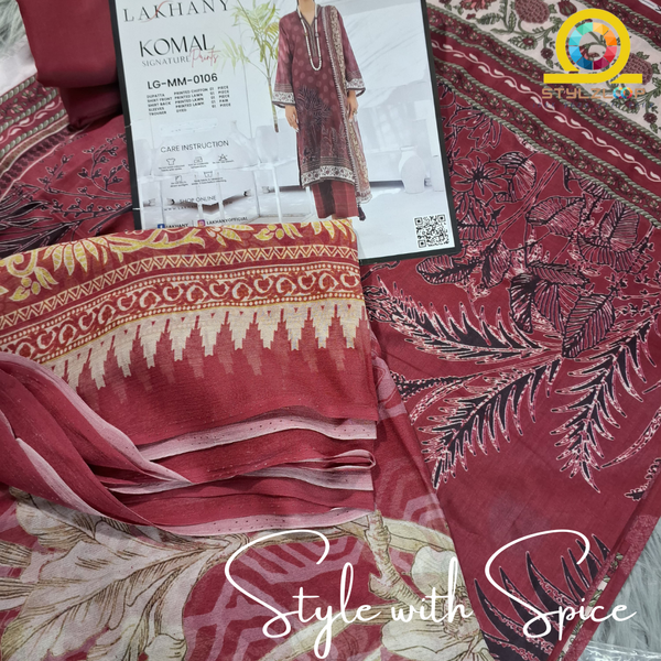 3 Piece Unstitched Komal Prints With Printed Chiffon Dupatta | Lakhany Maroon - Image 4