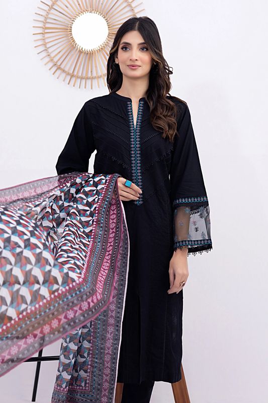03 Piece Ready to wear dyed Embroidered with printed dupatta | Lakhany-Black (Imported from Pakistan) - Image 1
