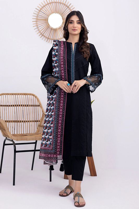 03 Piece Ready to wear dyed Embroidered with printed dupatta | Lakhany-Black (Imported from Pakistan) - Image 3