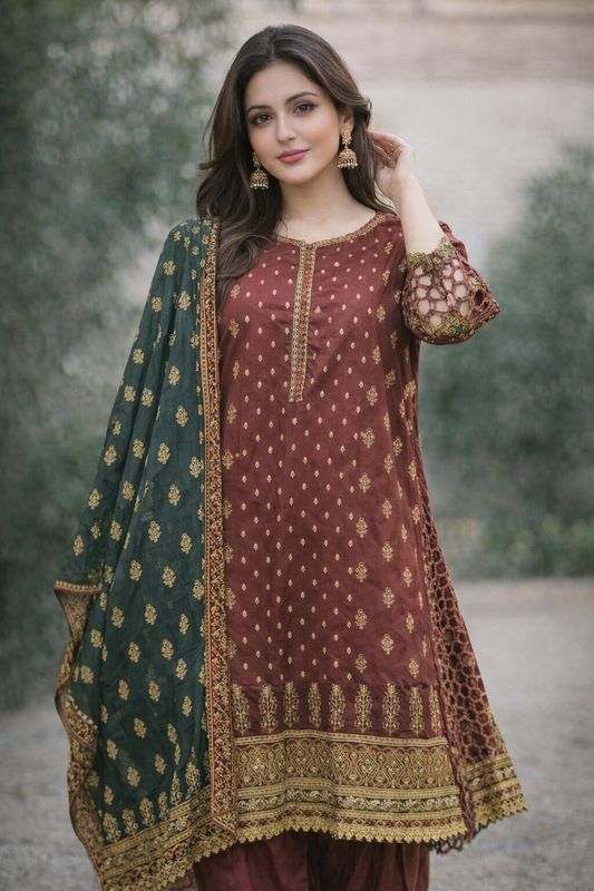 3 PC printed stitched suits with daman organza cutwork | MAROON Bin Saeed Pakistan - Image 1