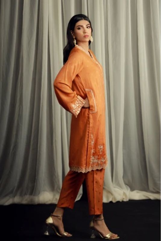 2 Piece Ready to wear Embroidered Shirt & Trouser | Lakhany- Mustard - Image 4