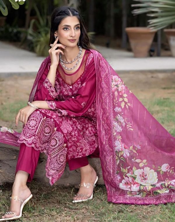 3 Piece Stitched Elegant Lawn Collection | Regalia- Maroon (Imported from Pakistan) - Image 1