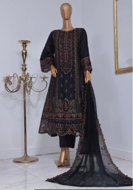 3 Piece Stitched Luxury Self Embroidered Frock Elegant Lawn Collection | Bin Saeed-Black Frock (Imported from Pakistan) - Image 1