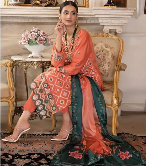 3 Piece BAHAR Stitched Elegant Lawn Collection | Regalia- ORANGE (Imported from Pakistan) - Image 1